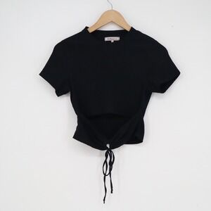 BCBGeneration Womens Black Ribbed Cutout Tie Front Short Sleeve Crop Top XS